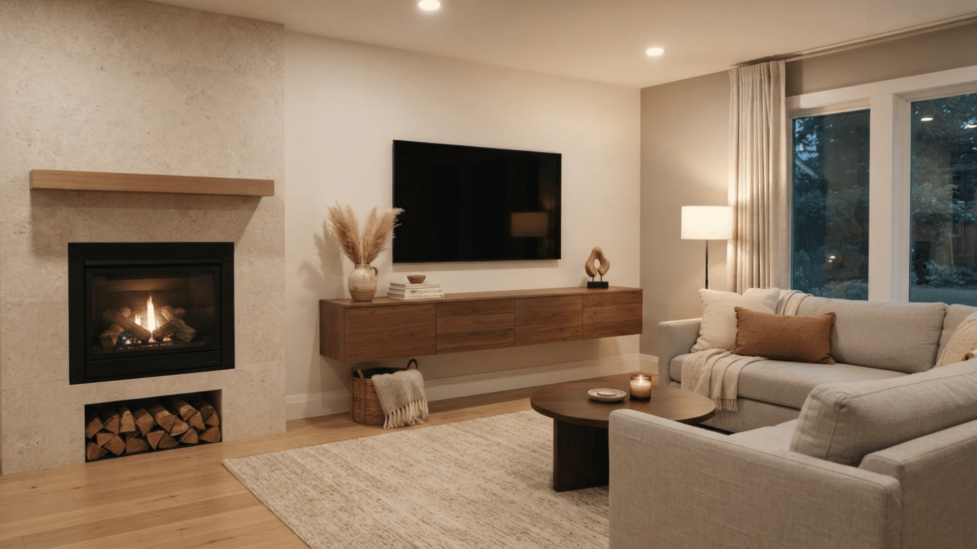 living room with fireplace beside a wall-mounted TV and floating wood media console
