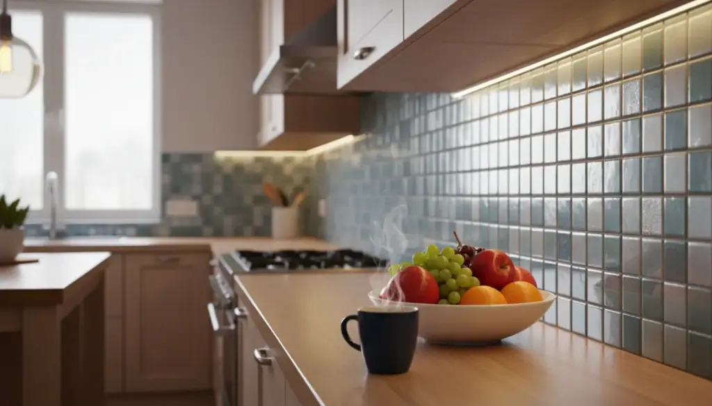 Bowl of fruit and steaming mug on countertop in modern kitchen with tiled backsplash