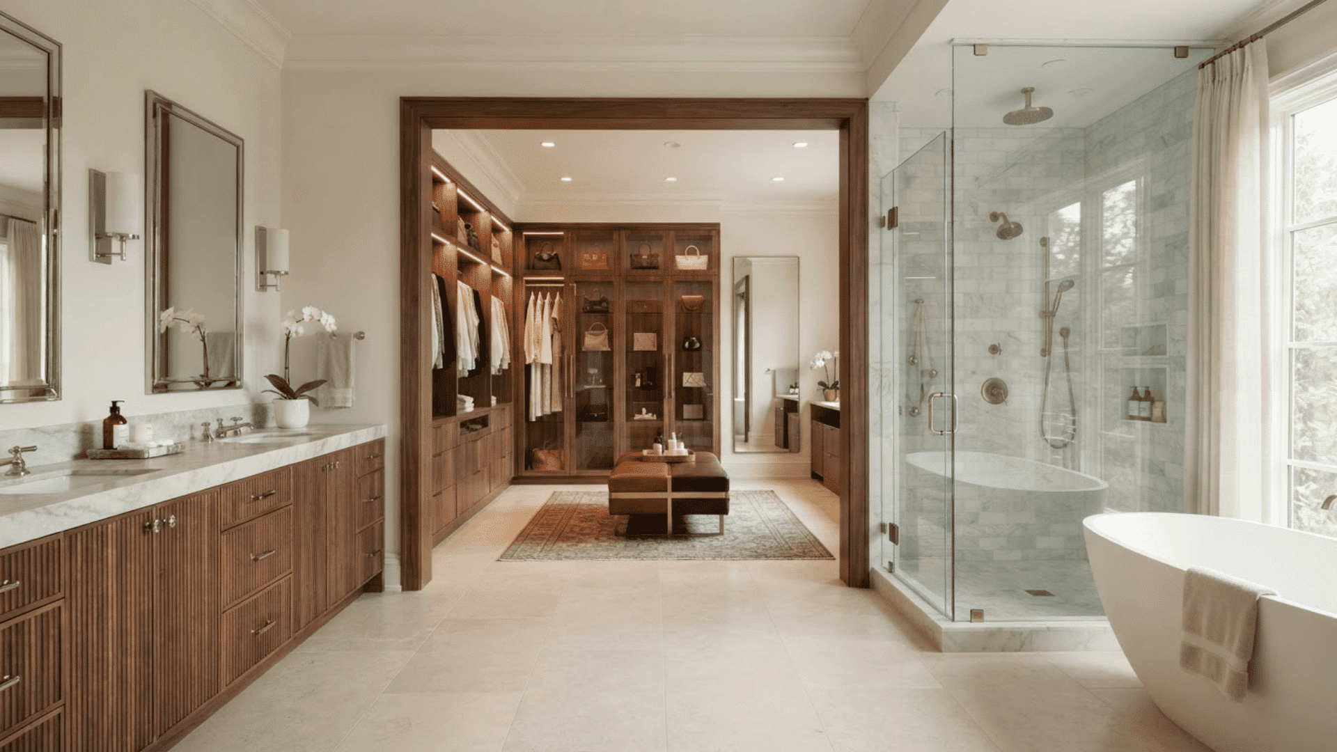 luxury bathroom connected to a wood dressing area with glass shower and white tub