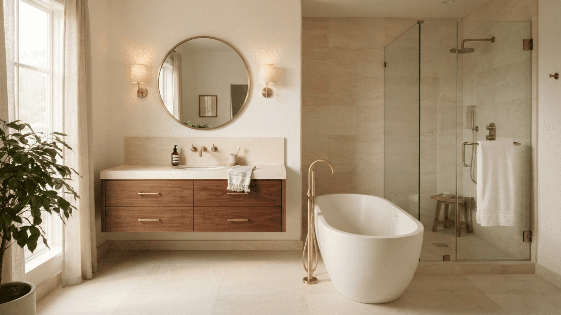 luxury bathroom with brass fixtures, wood vanity, white tub, and pale stone shower walls