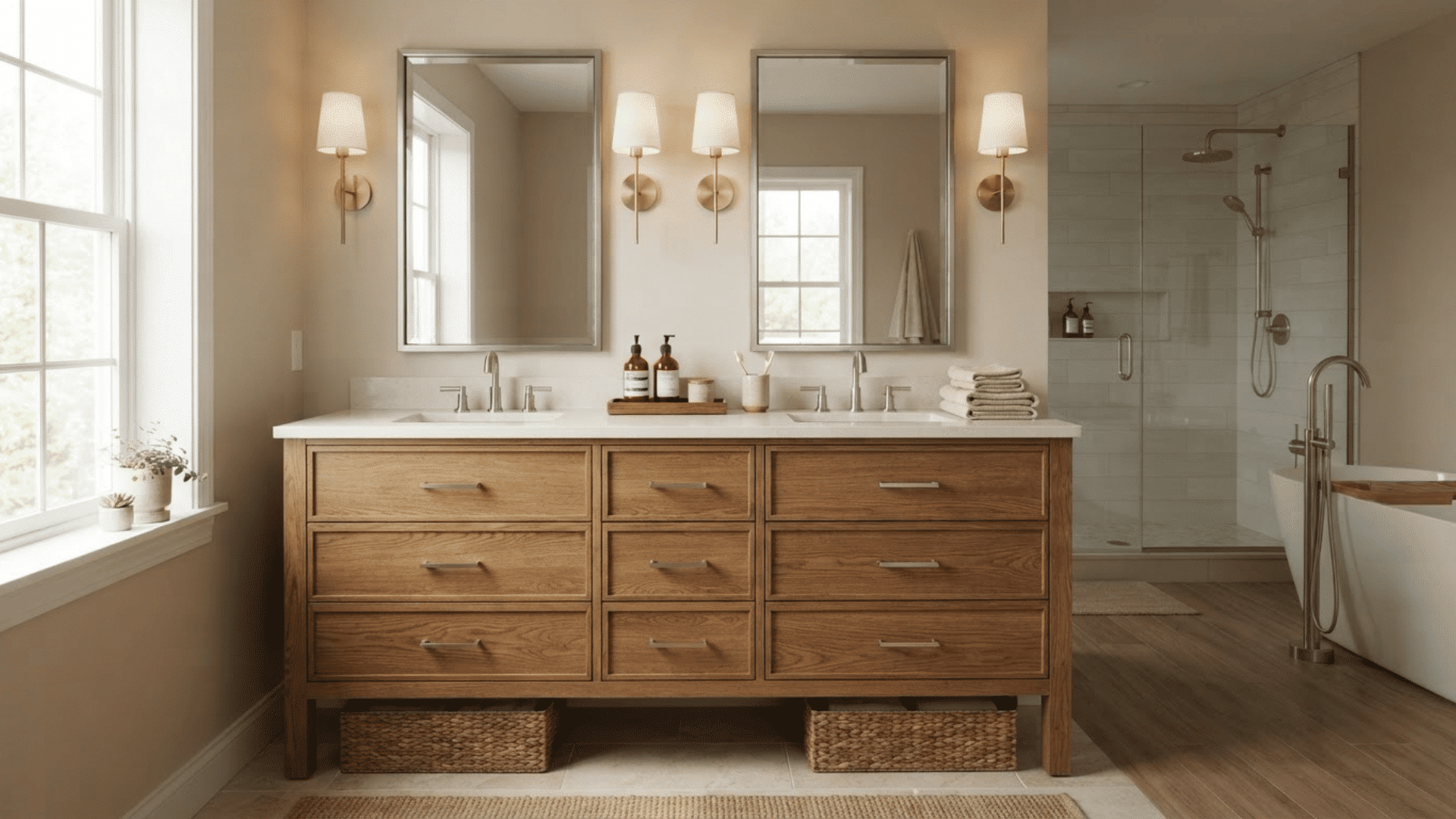 luxury bathroom with double wood vanity, drawer storage, twin mirrors, shower, and white tub