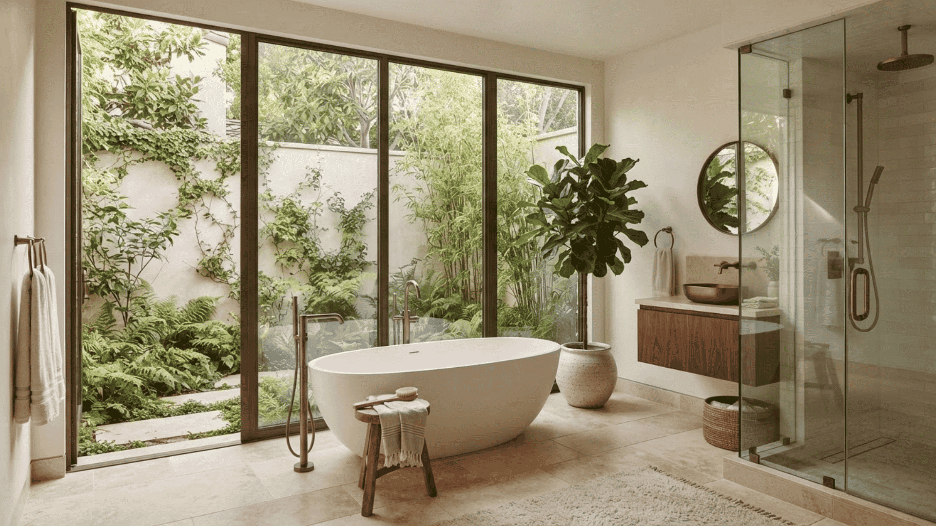 luxury bathroom with garden views, freestanding tub, wood vanity, plants, and glass shower