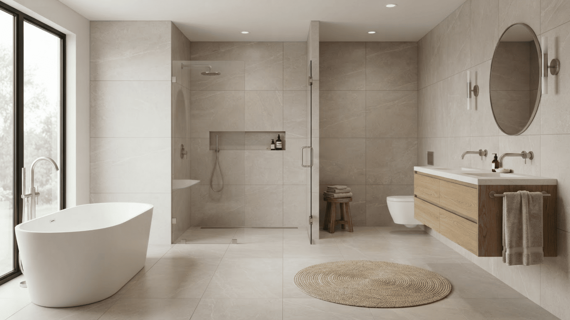 luxury bathroom with large-format beige tiles, floating wood vanity, shower, and white tub
