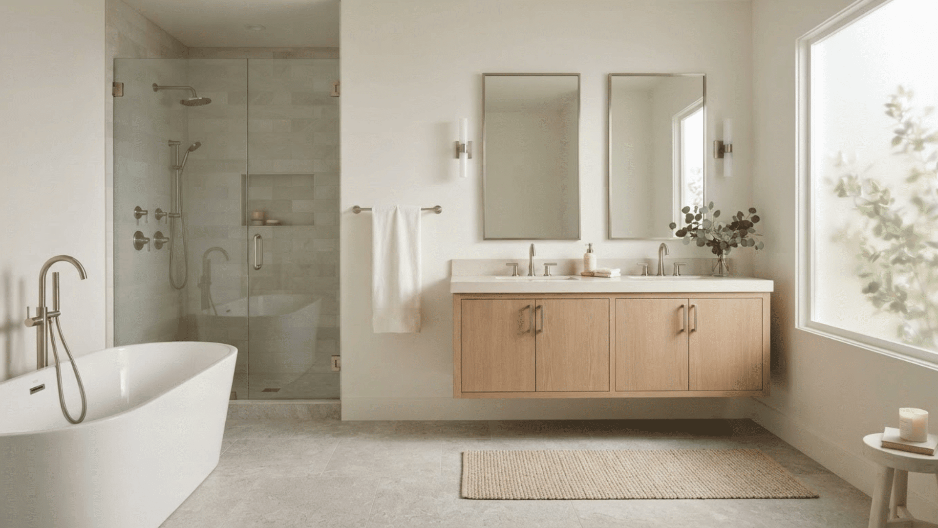 luxury bathroom with matching brushed fixtures, wood vanity, glass shower, and white tub
