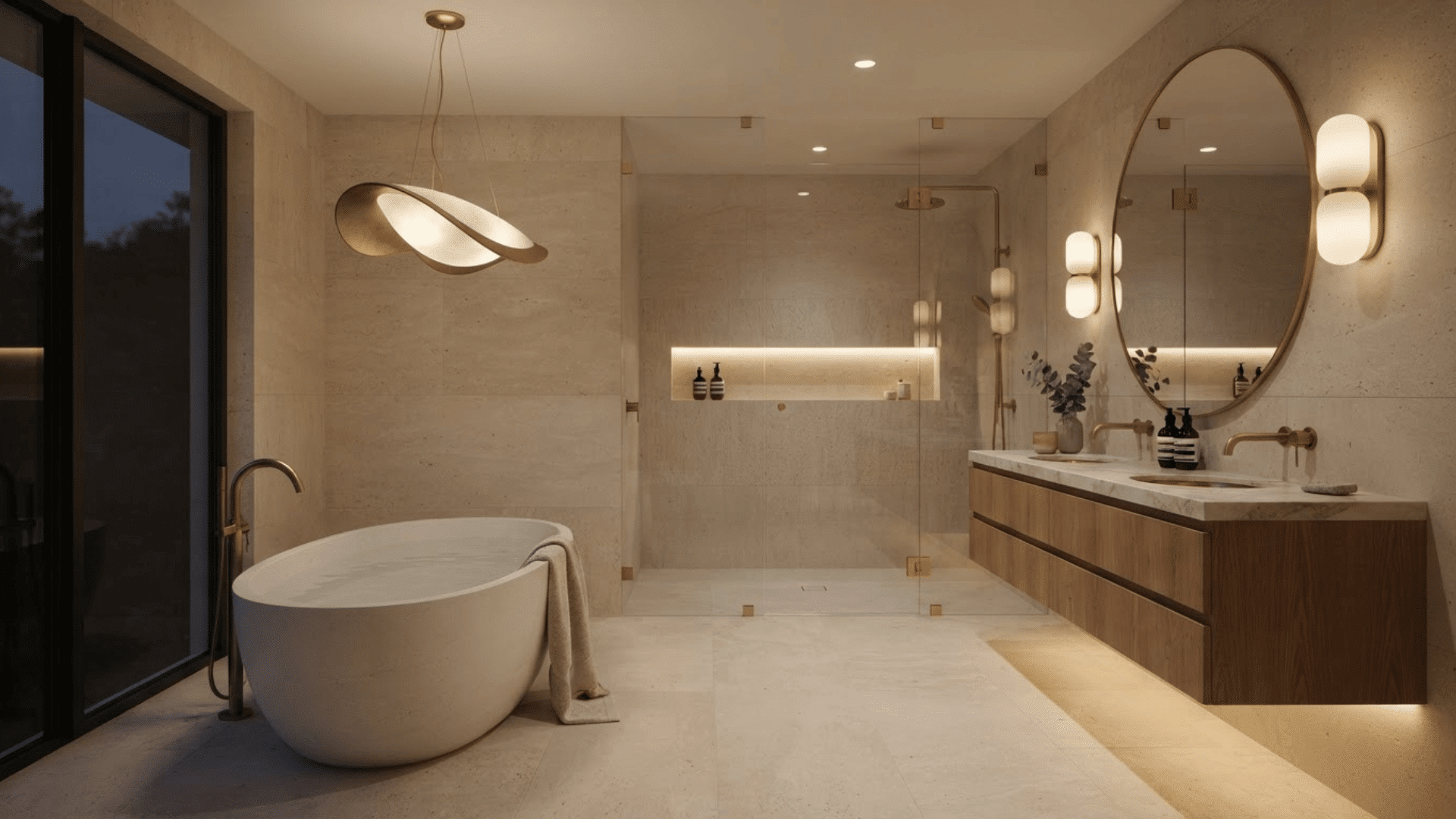 luxury bathroom with sculptural pendant lighting, stone walls, wood vanity, and white tub