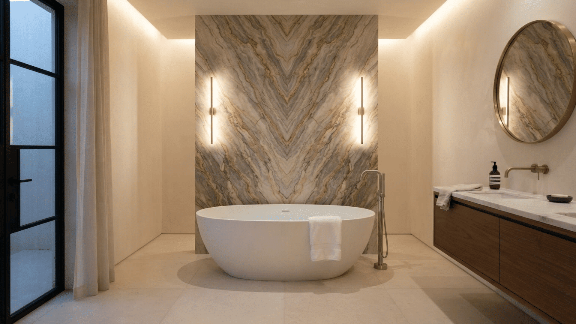 luxury bathroom with statement stone wall, freestanding tub, wood vanity, and wall lighting