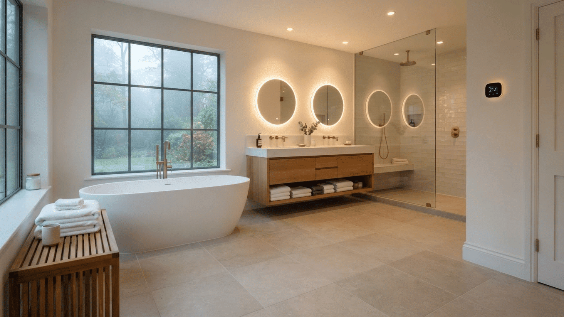 luxury bathroom with warm tile floors, freestanding tub, lit mirrors, and glass shower