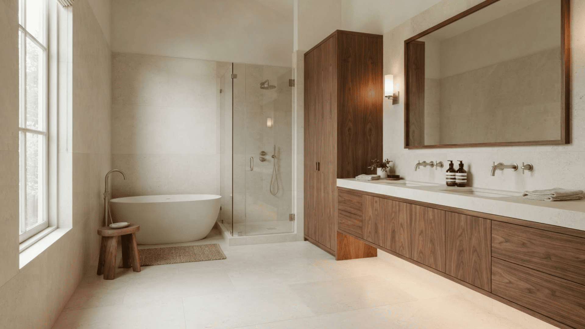 luxury bathroom with warm wood cabinetry, pale stone surfaces, glass shower, and white tub