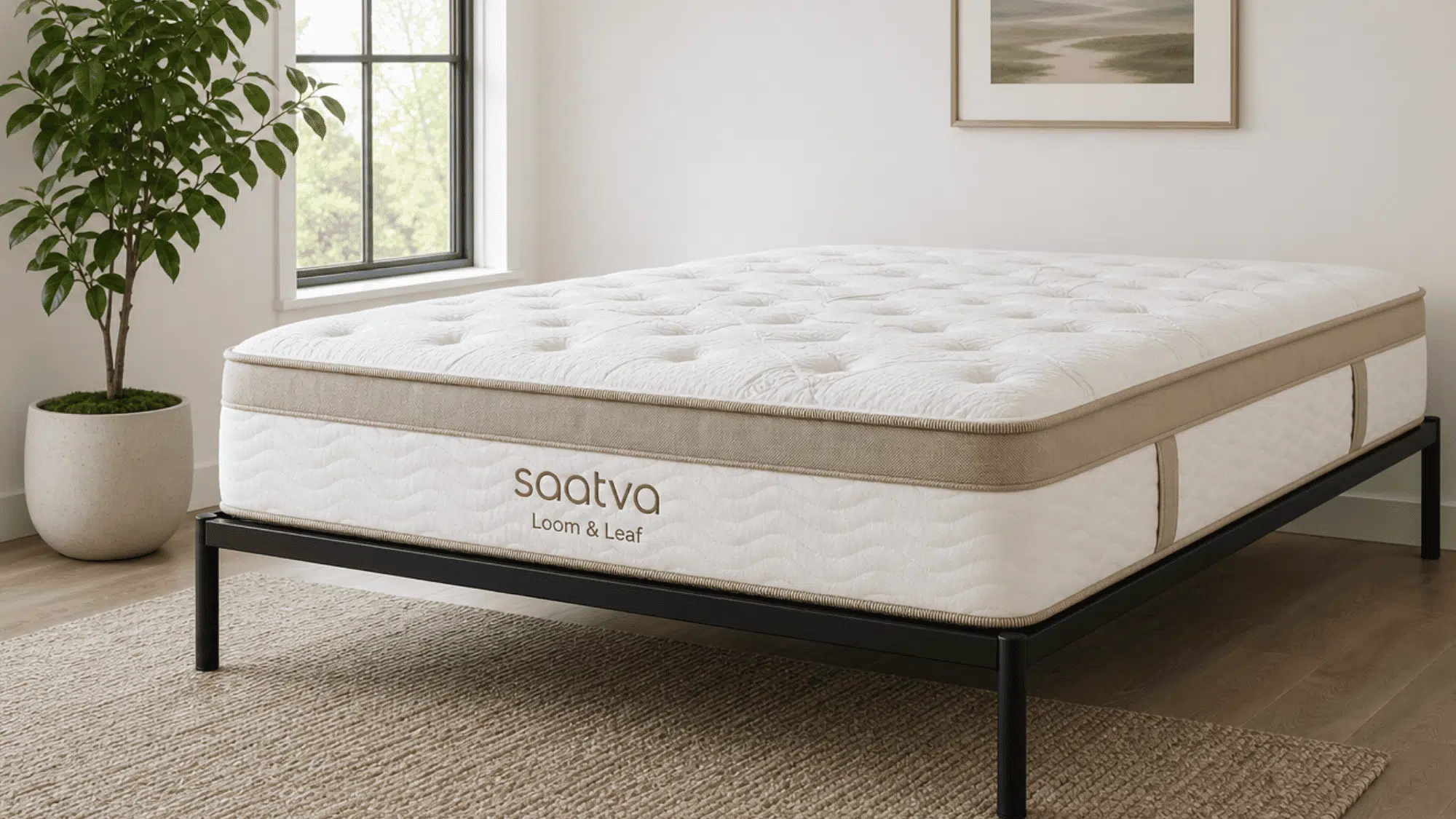 Luxury quilted mattress on a black platform bed in a bright modern bedroom with a potted plant.