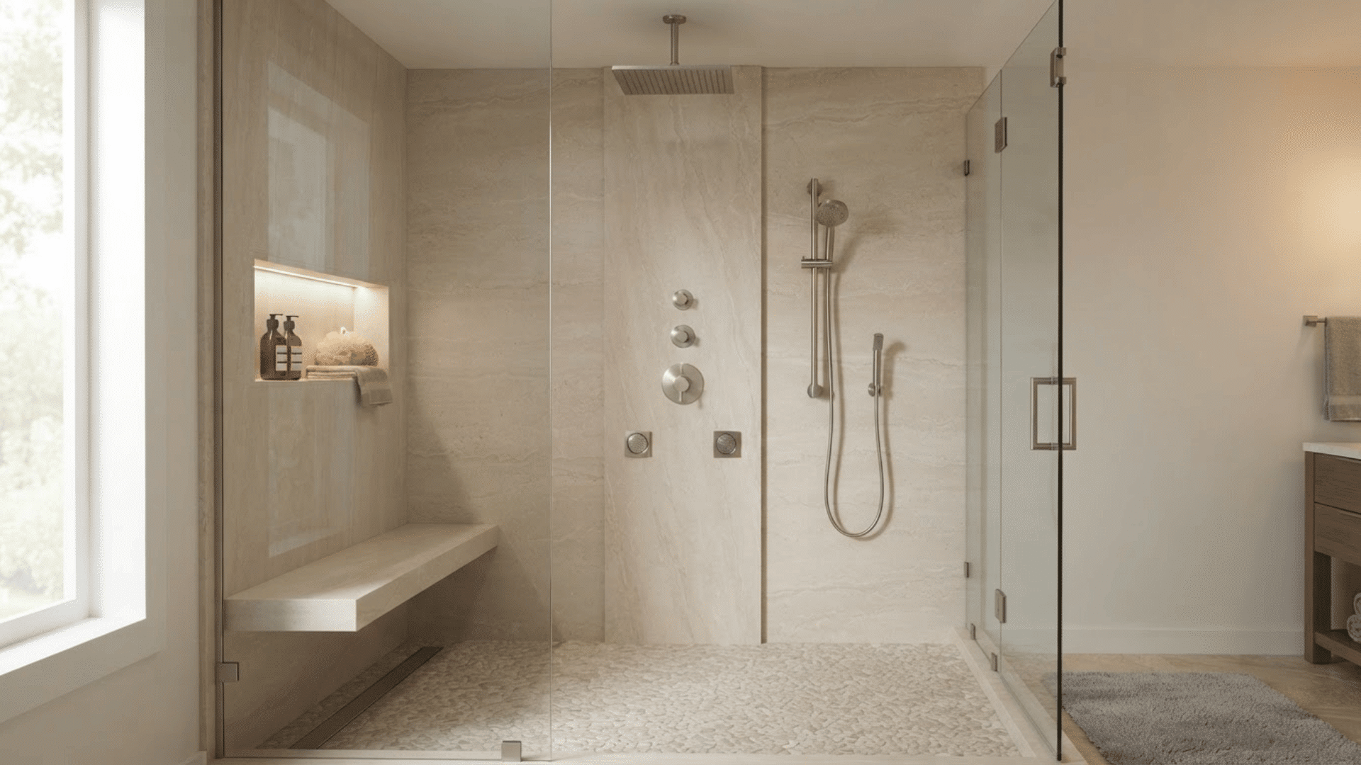 luxury shower with rainfall head, handheld sprayer, body jets, bench, and stone walls