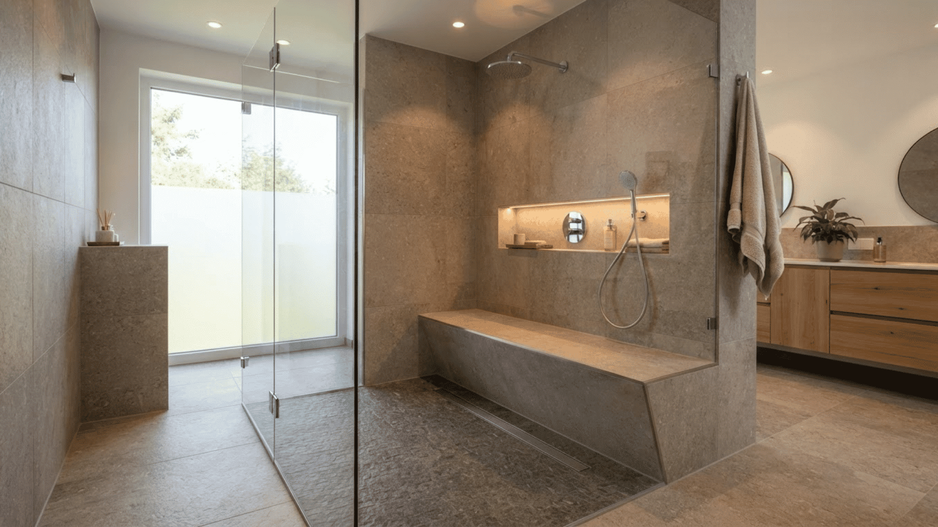 luxury walk-in shower with built-in stone bench, recessed niche, and frameless glass walls