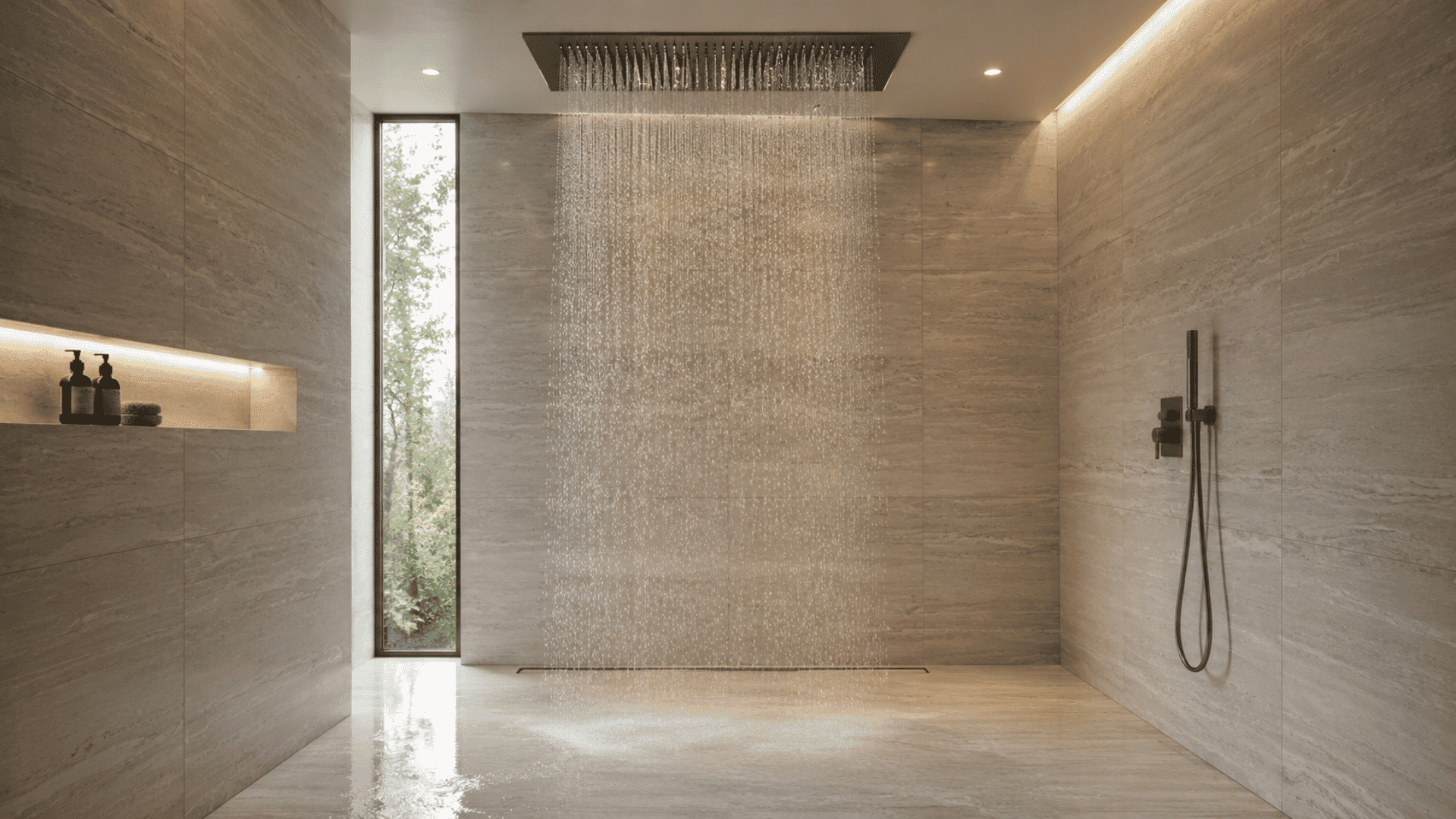 luxury walk-in shower with ceiling rainfall head, stone tiles, and handheld sprayer