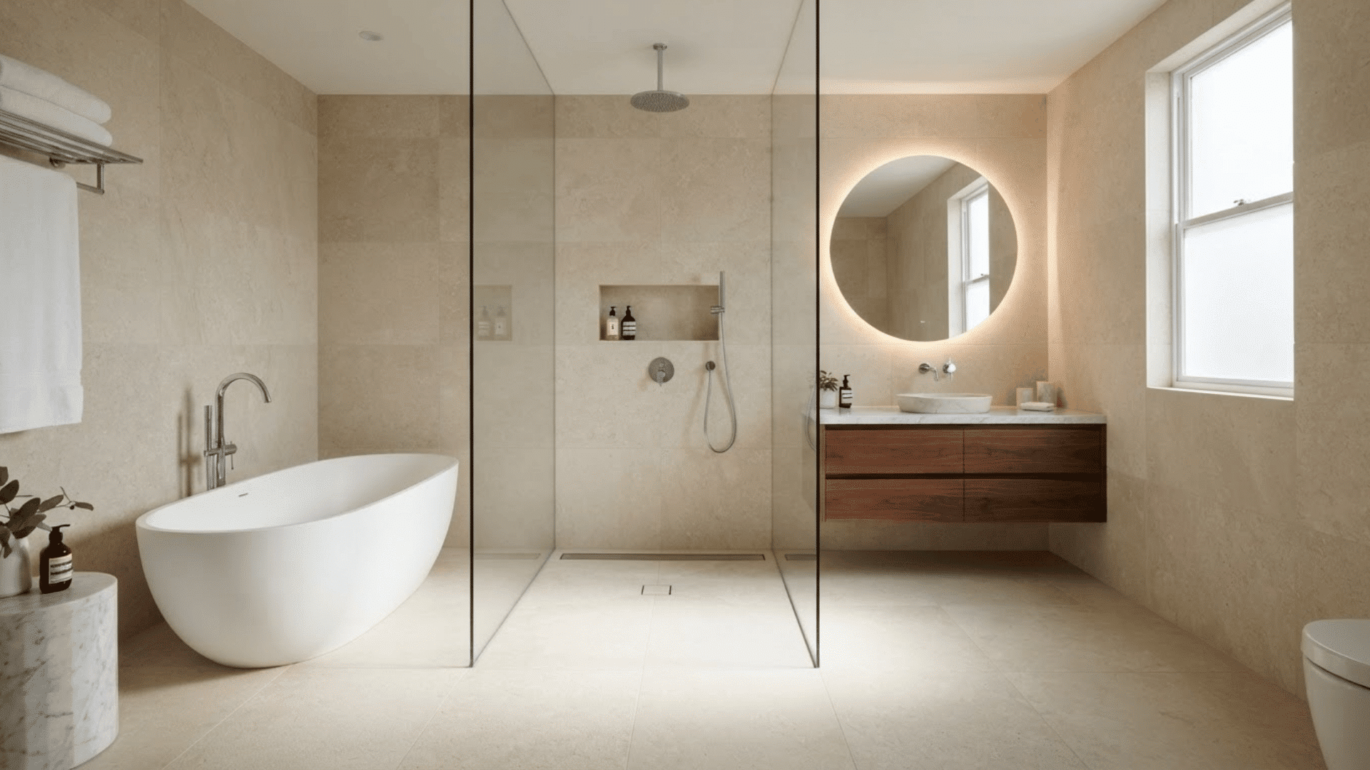 luxury wet room with freestanding tub, glass shower, wood vanity, and warm stone walls
