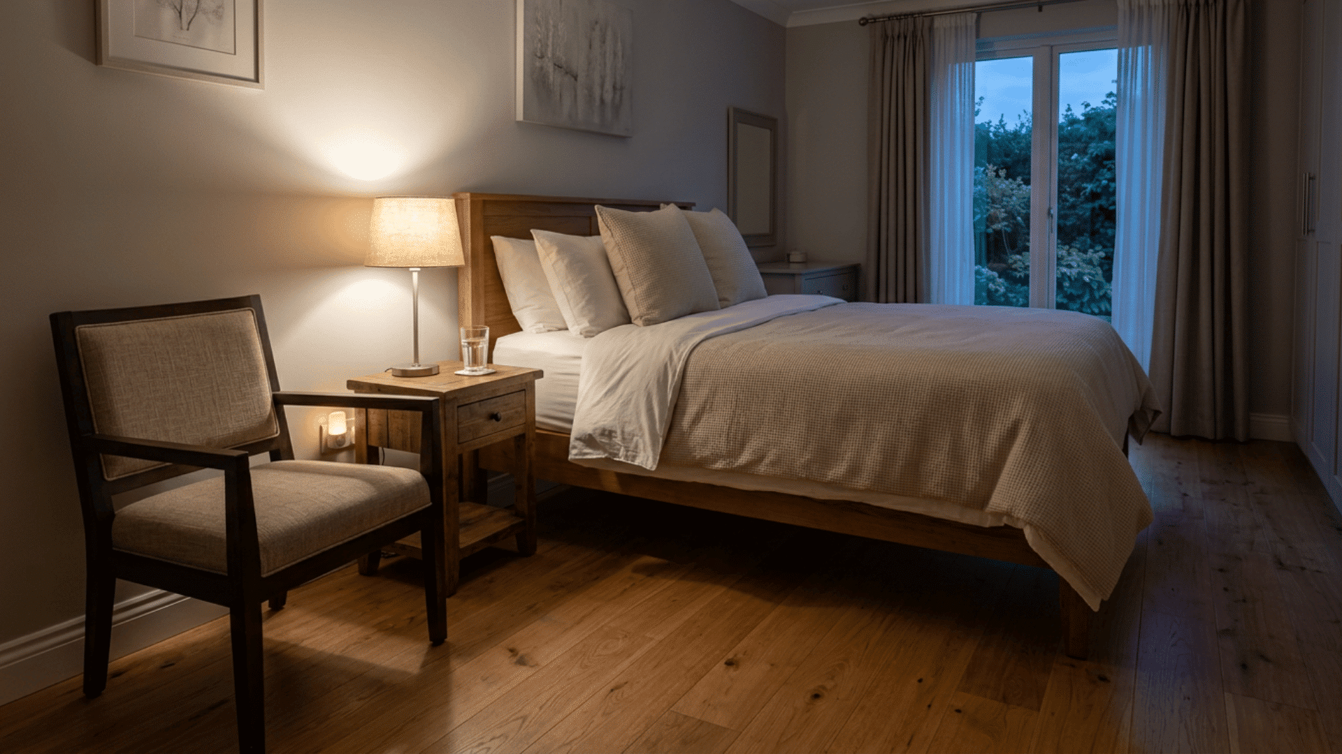 Guest bedroom with a firm chair, clear walkway, and reachable bedside items