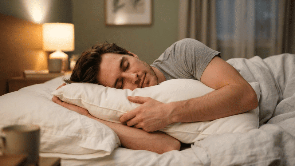 man sleeping peacefully while hugging a pillow in a cozy bedroom