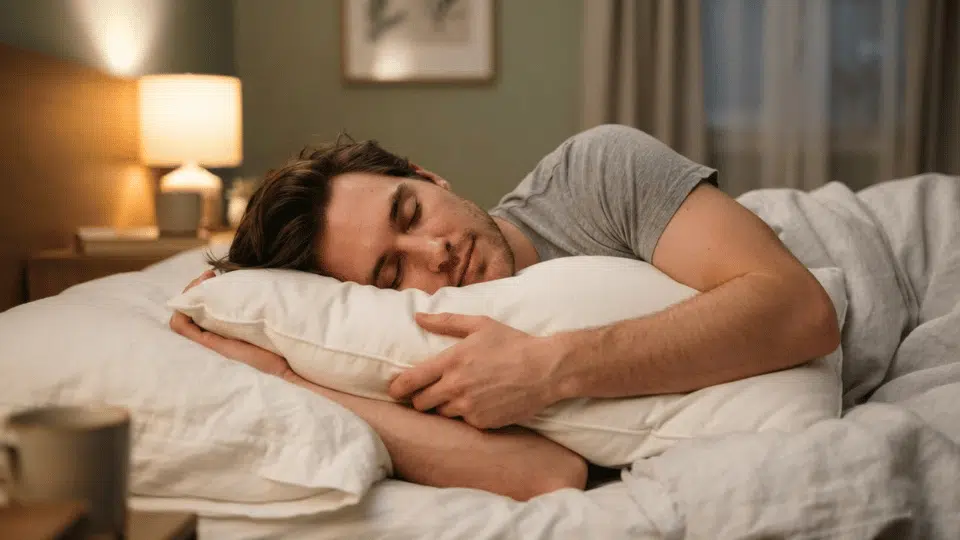 man sleeping peacefully while hugging a pillow in a cozy bedroom