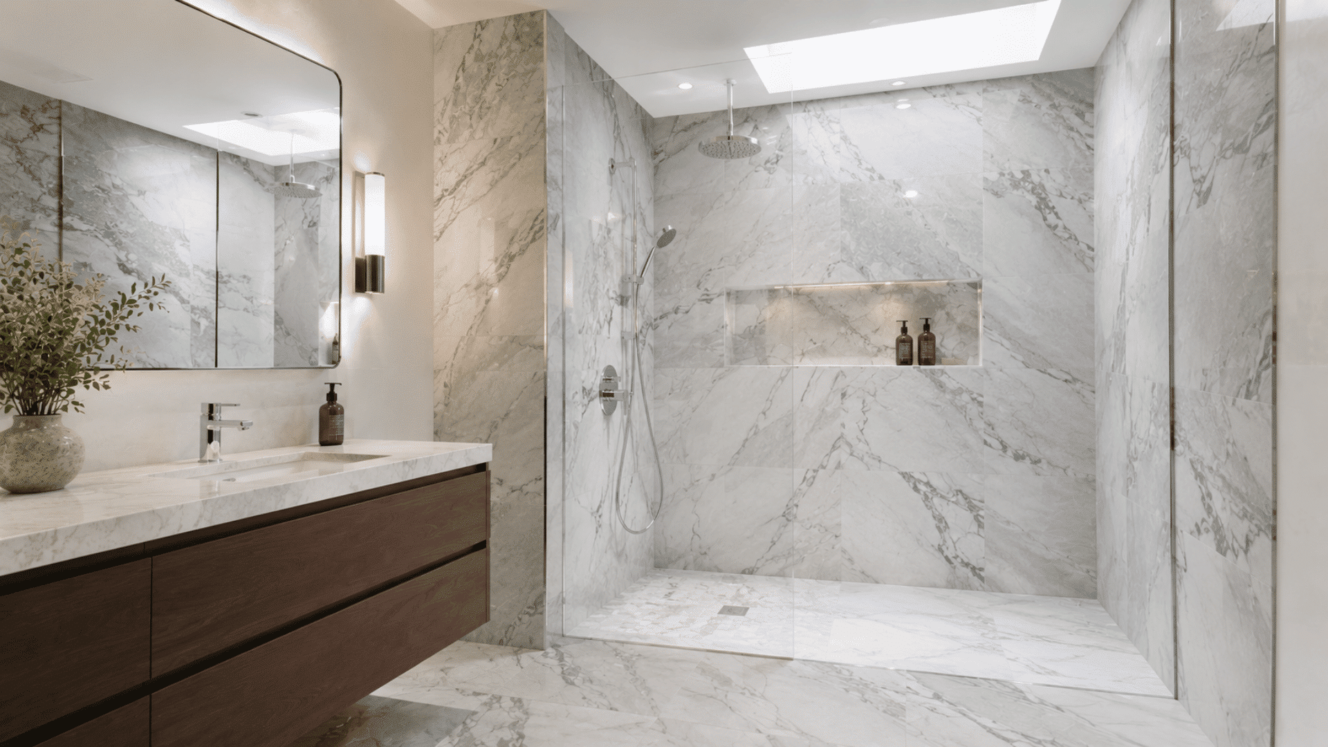 marble-look walk-in shower with glass panel, niche, and wood vanity