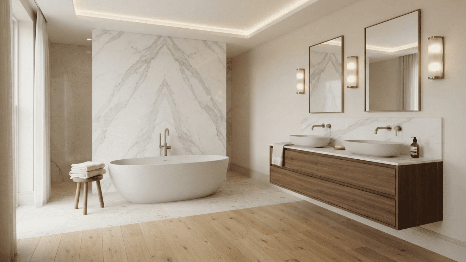 marble luxury bathroom with double vanity, freestanding tub, wood flooring, and soft lights