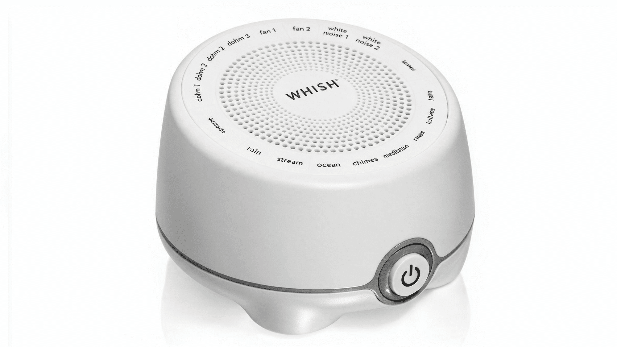 marpac whish white noise machine with round design, speaker grille, sound options, and power button on a clean white background