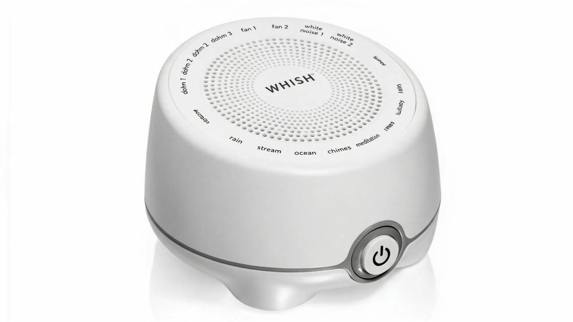 marpac whish white noise machine with round design, speaker grille, sound options, and power button on a clean white background