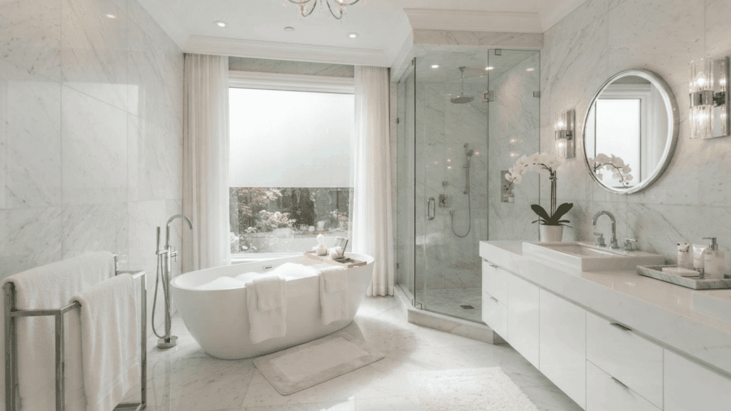 bright master luxury bathroom with marble walls, freestanding tub, glass shower and vanity