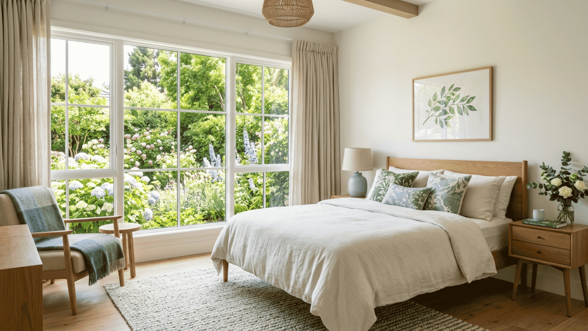 Blue and green guest bedroom overlooking a leafy garden view