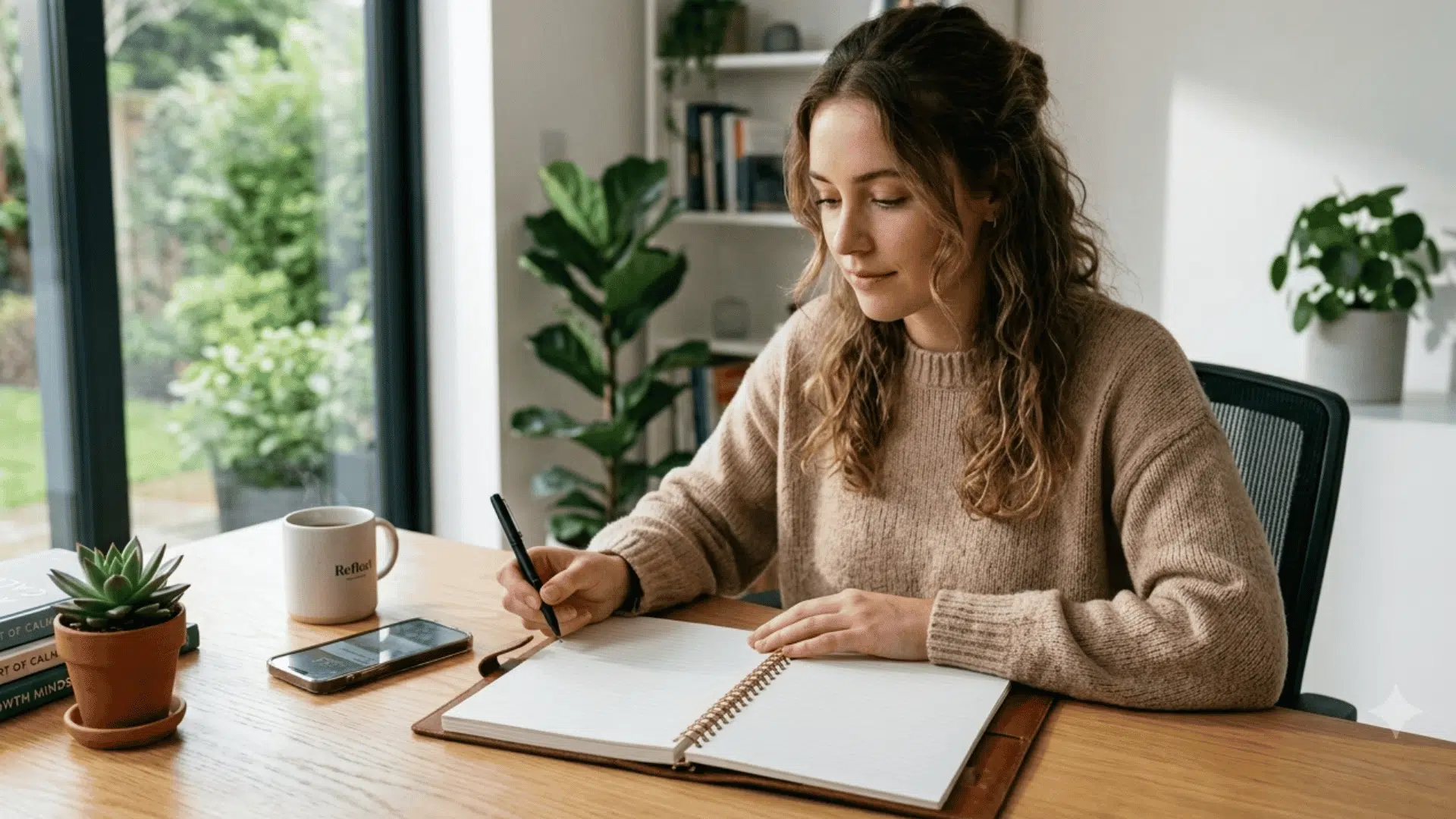 Woman journaling at a desk with coffee, tracking her emotional intelligence progress over time