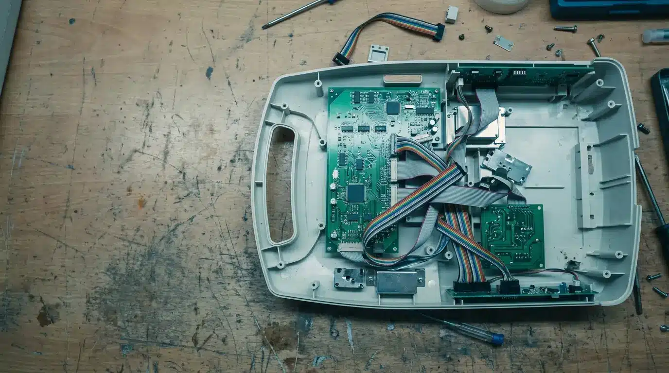 Open electronic device casing with exposed circuit boards and multicolored wires on a workbench