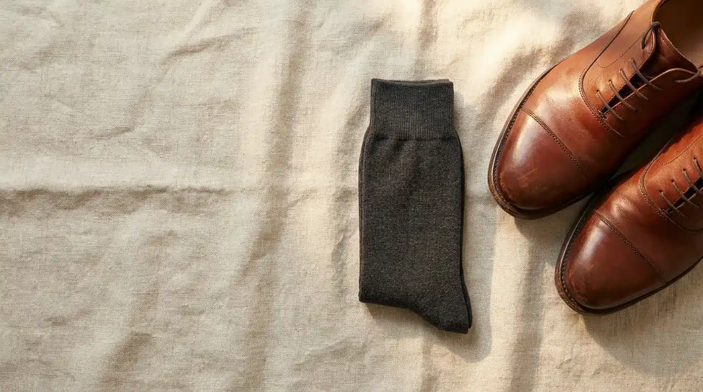 Brown leather dress shoes next to a single black sock on beige fabric