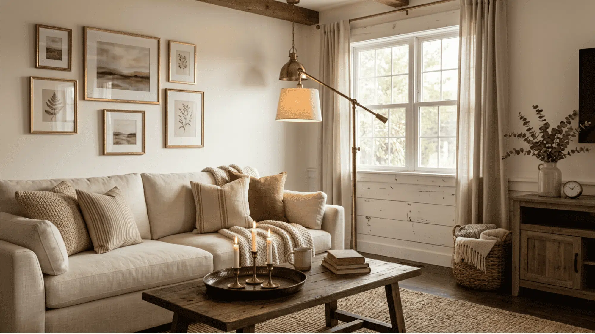Cozy living room with brass lamp, bronze tray, gold frames, cream sofa, and wood table.