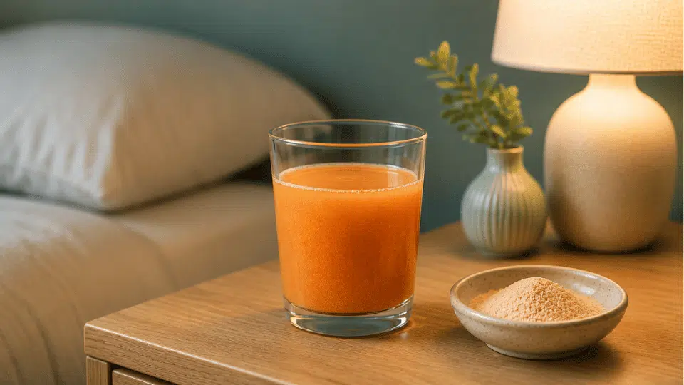 glass of orange psyllium fiber drink beside a small bowl of fiber powder on a bedside table in a softly lit bedroom