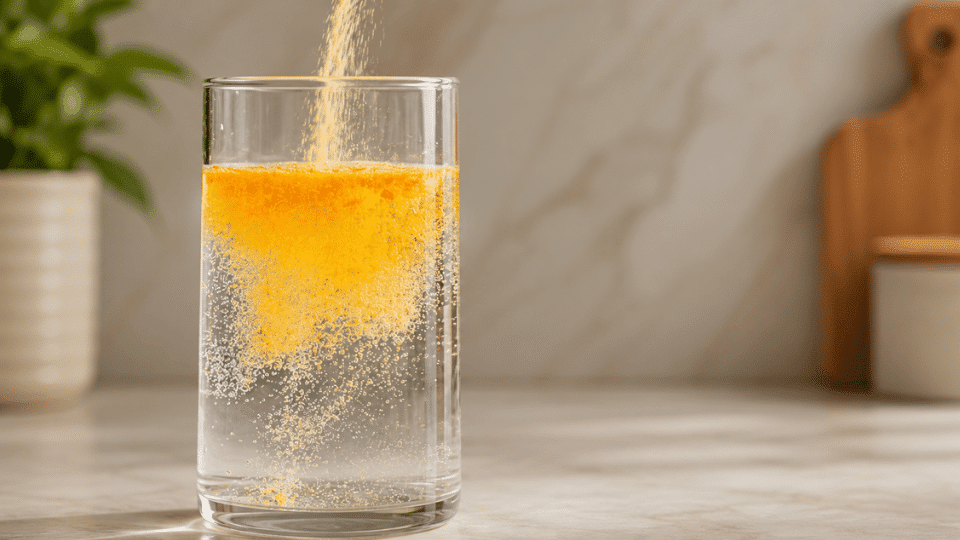 metamucil powder dissolving in a glass of water on a modern kitchen countertop