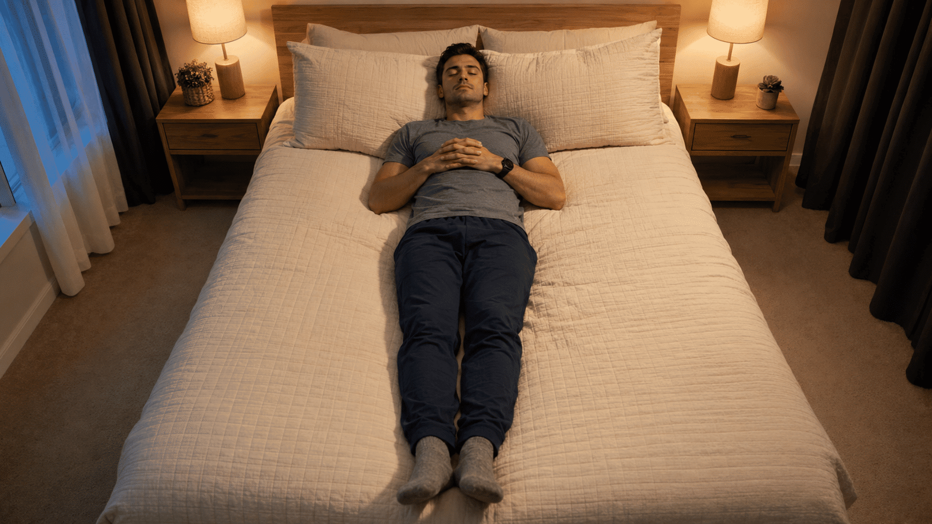 man lying on his back in bed while practising the military sleep method