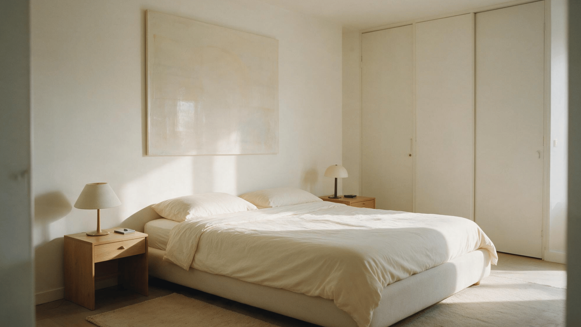 minimalist bedroom with cream bedding, wood nightstands, soft lamps, built-in storage, and neutral art