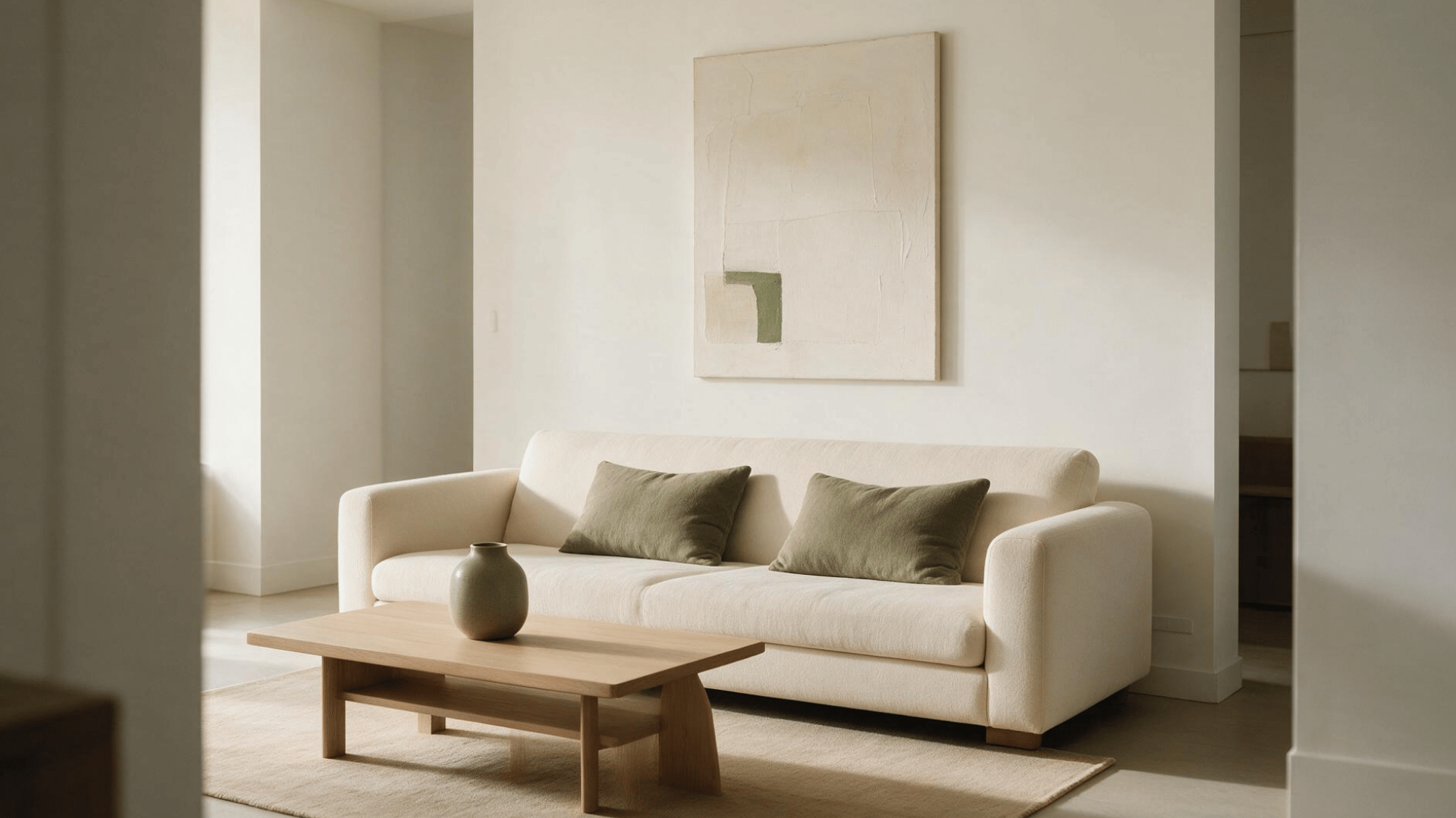 minimalist living room with cream sofa, muted olive cushions, wood table, and neutral decor