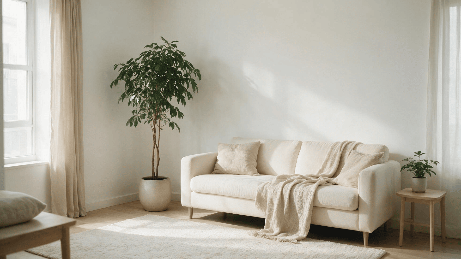 minimalist living room with cream sofa, tall green plant, small potted plant, and soft neutral decor