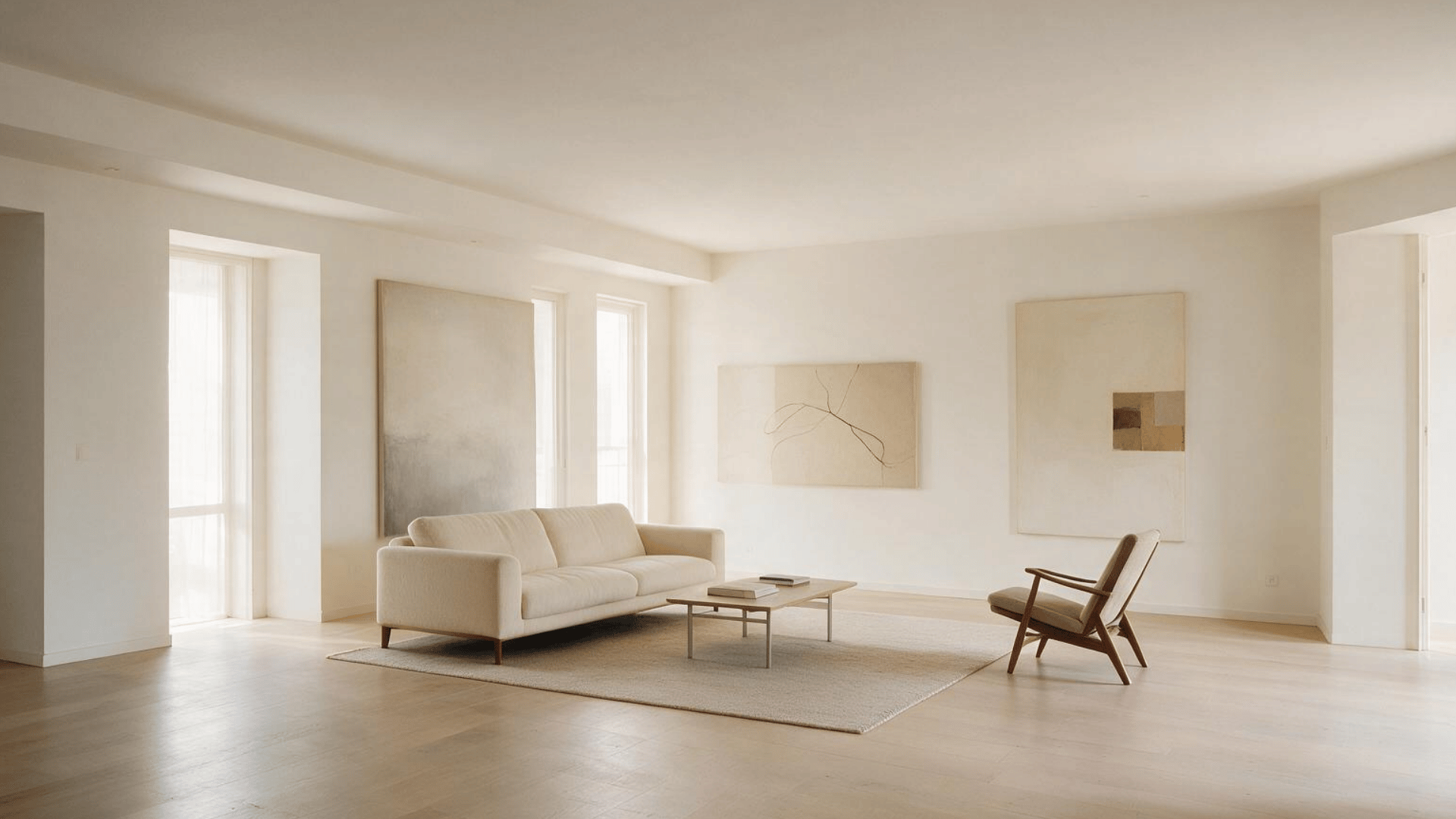 minimalist living room with cream sofa, wood chair, neutral artwork, and generous open floor space