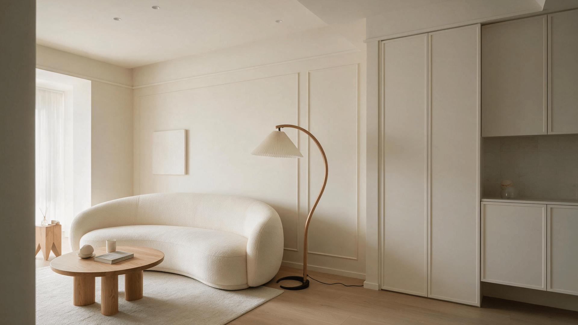 minimalist living room with curved cream sofa, round wood table, arched lamp, and clean cabinetry