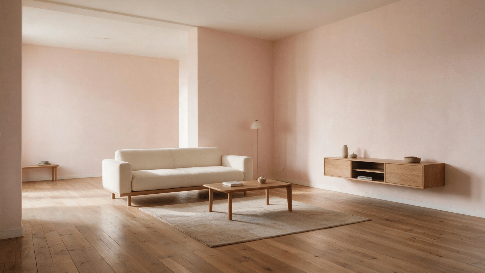 minimalist living room with low-profile sofa, wood coffee table, floating console, and open floor space
