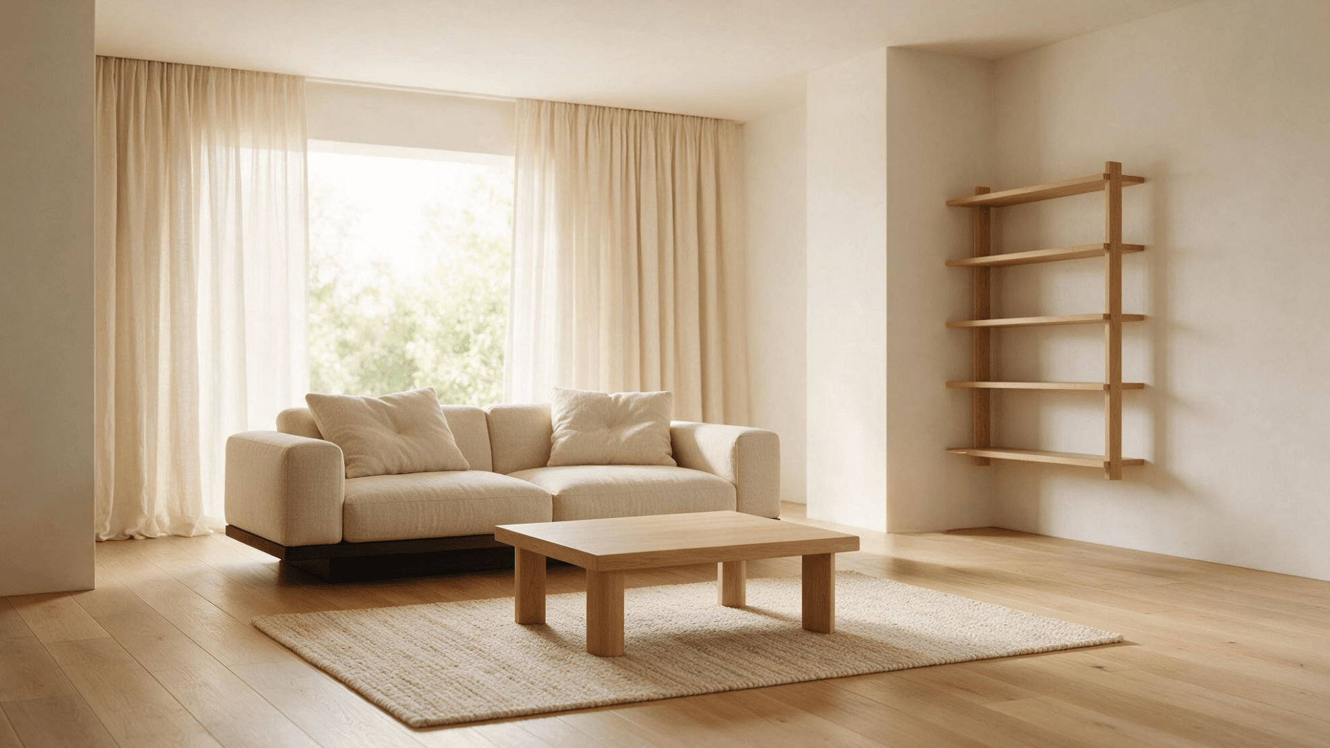 minimalist living room with natural wood table, shelving, beige sofa, and soft neutral tones