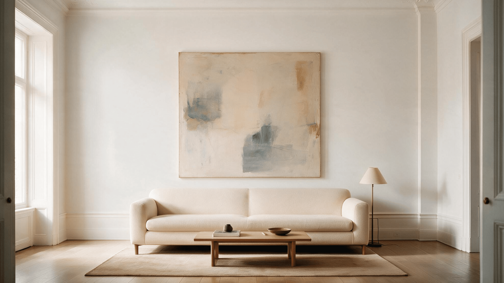 minimalist living room with oversized abstract artwork, cream sofa, wood table, and soft neutral tones