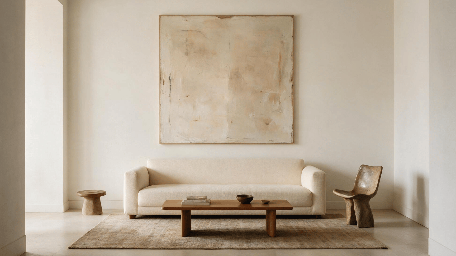 minimalist living room with oversized abstract artwork, cream sofa, wood table, and sculptural chair