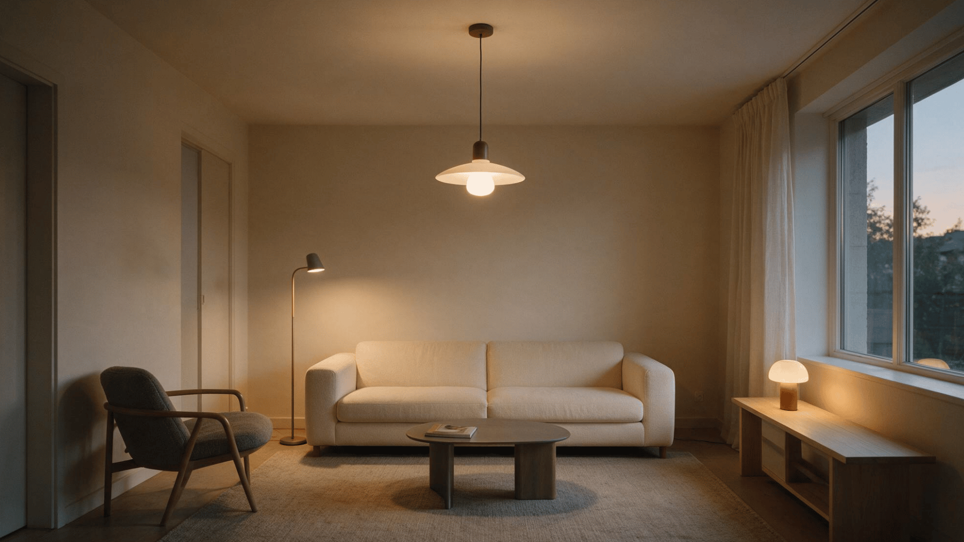 minimalist living room with pendant, floor and table lamps creating warm layered evening lighting