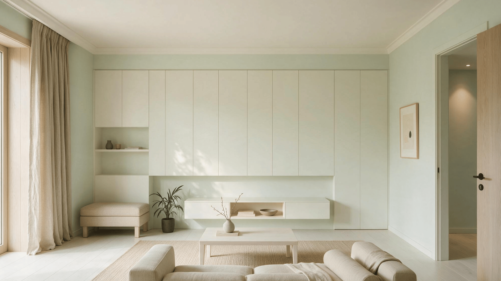 minimalist living room with seamless hidden storage, floating cabinet, neutral decor, and soft daylight