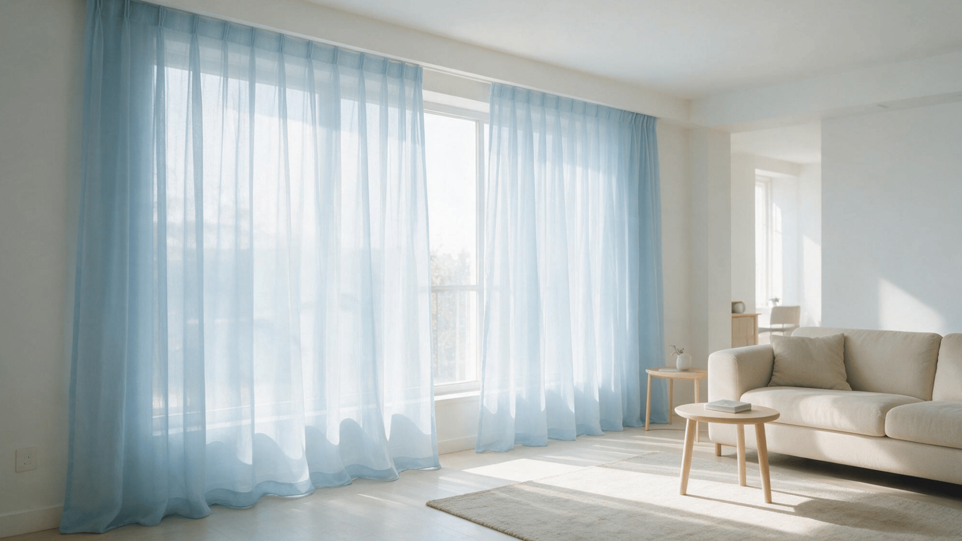 minimalist living room with sheer blue curtains, cream sofa, light wood table, and soft daylight