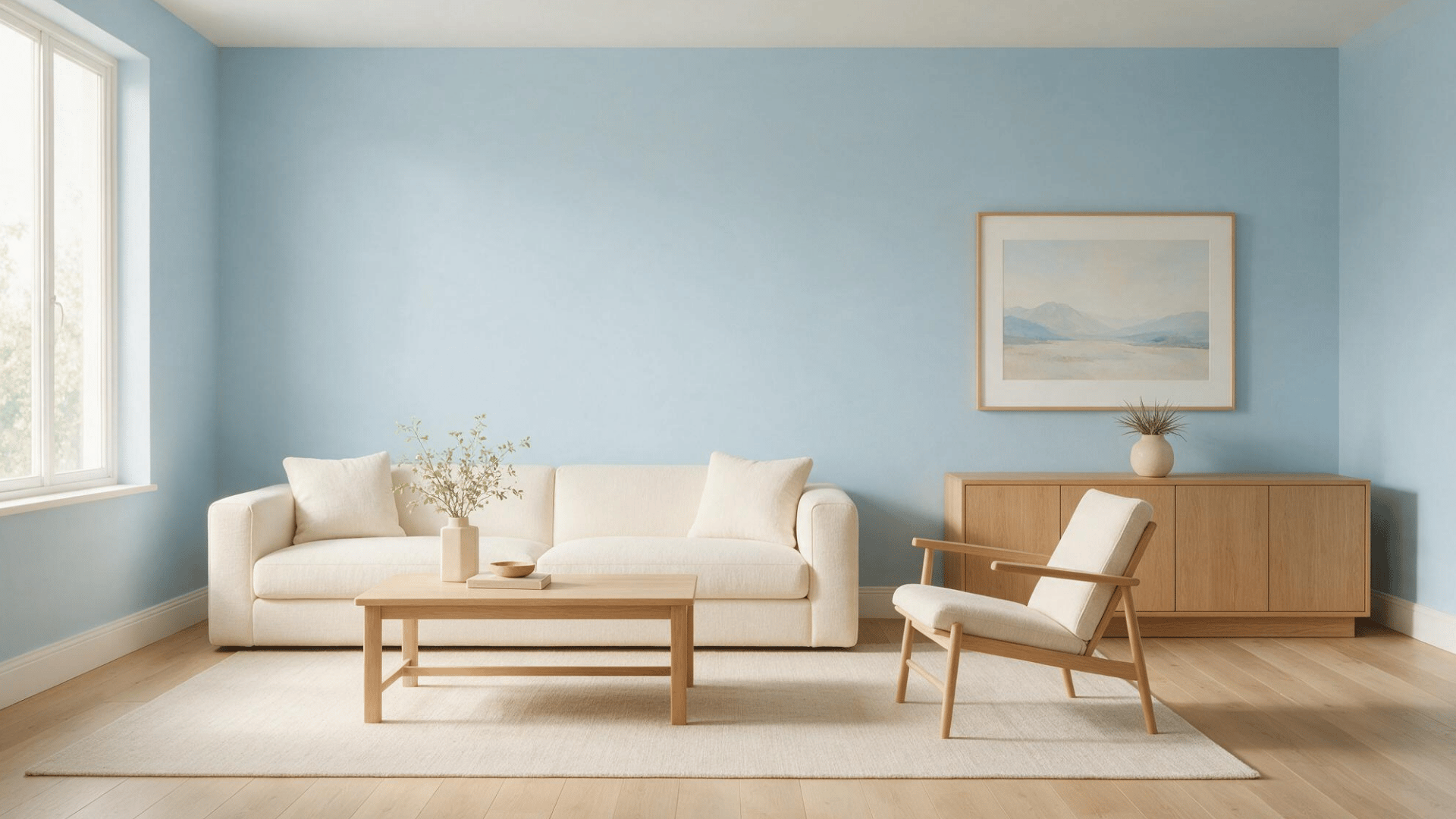 minimalist living room with simple cream sofa, wood chair, rectangular table, and clean cabinetry