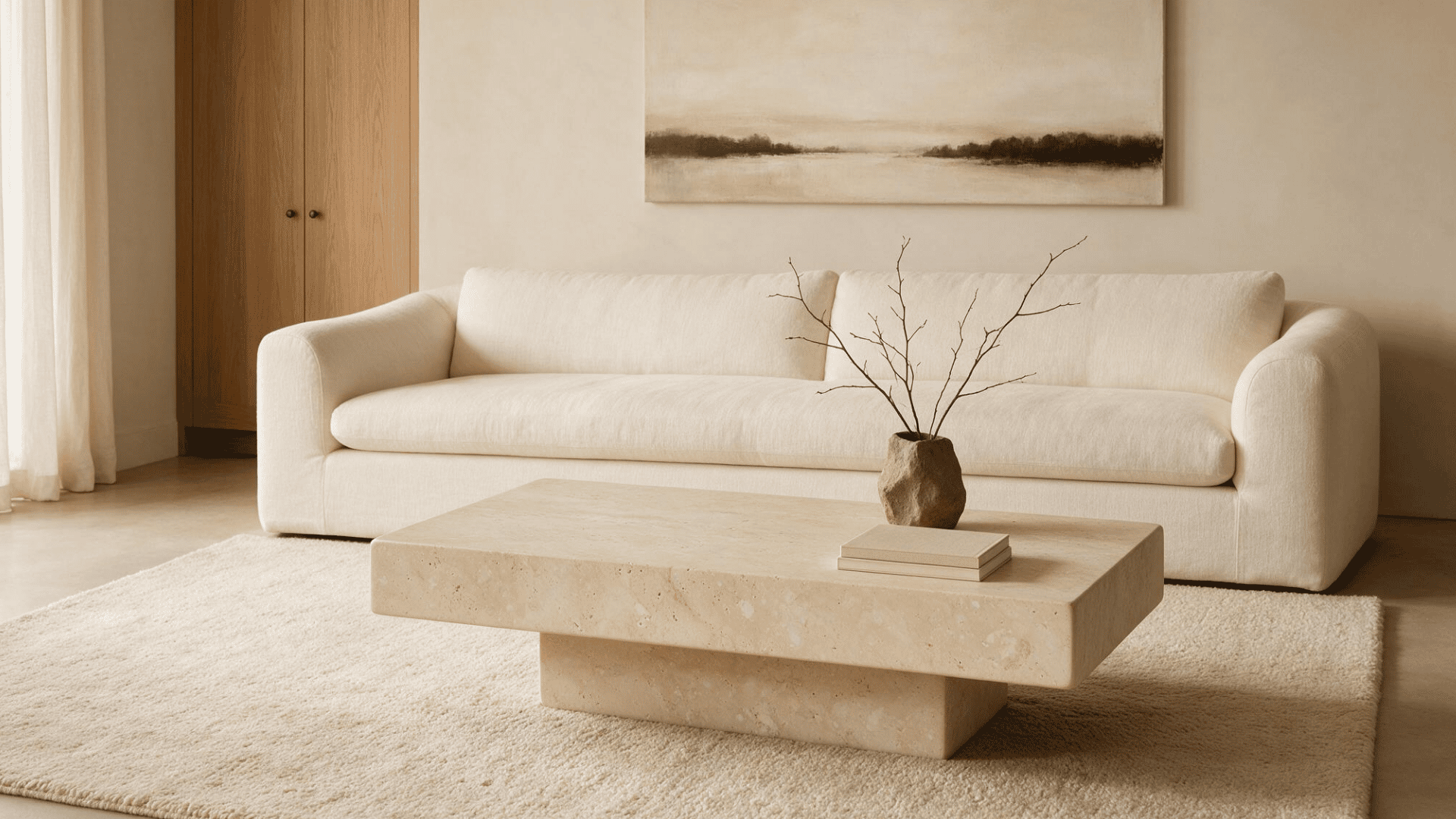 minimalist living room with travertine coffee table, cream sofa, neutral rug, and warm wood accents