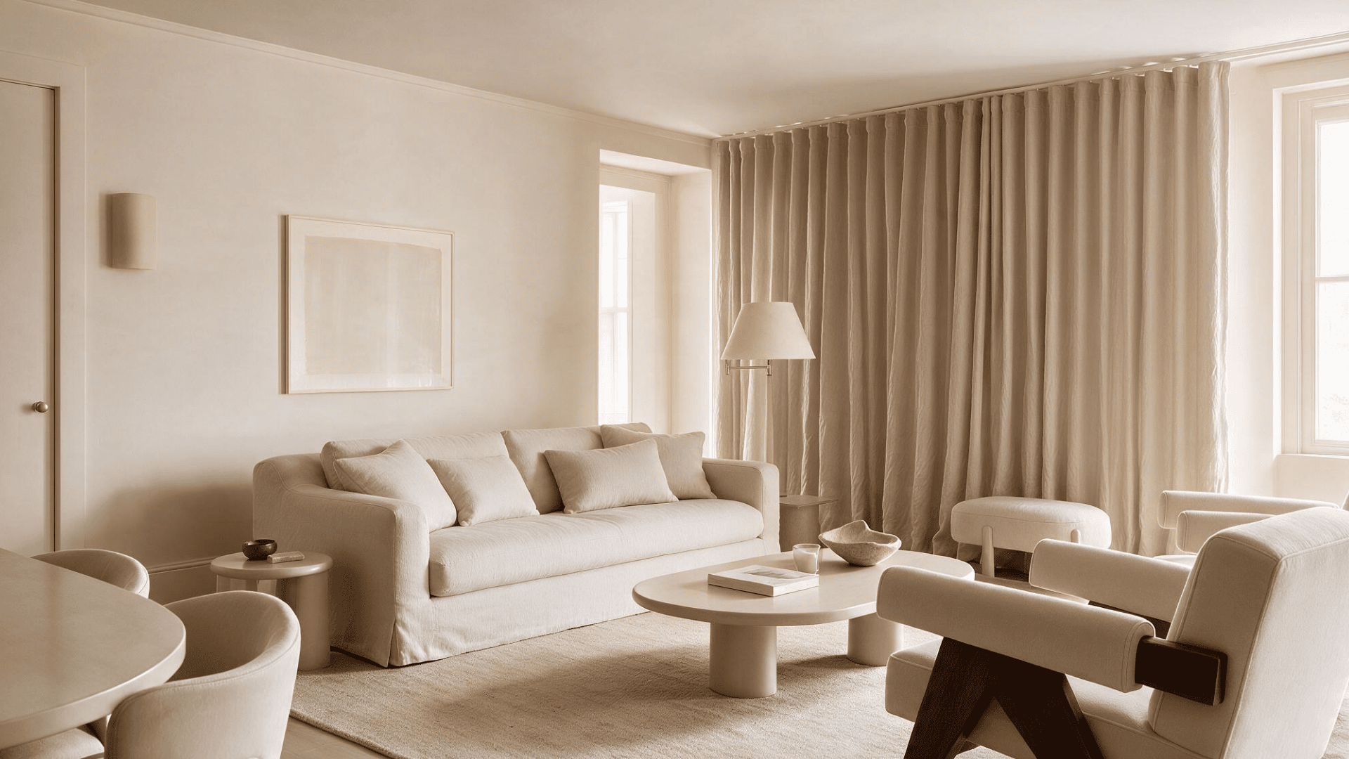 minimalist monochrome living room with cream seating, beige curtains, round table, and soft neutral tones