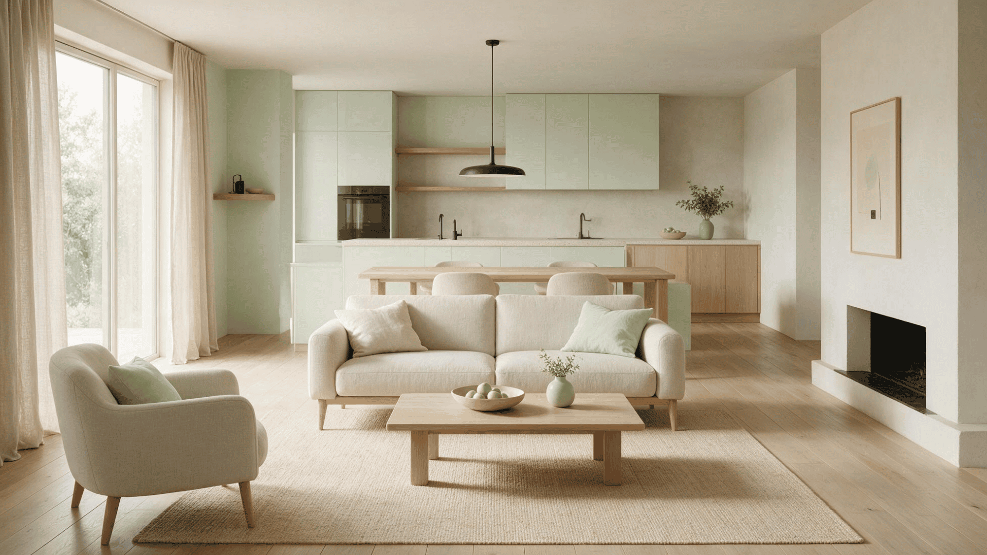 minimalist open-plan living, dining, and kitchen space with pale wood, cream seating, and soft green accents