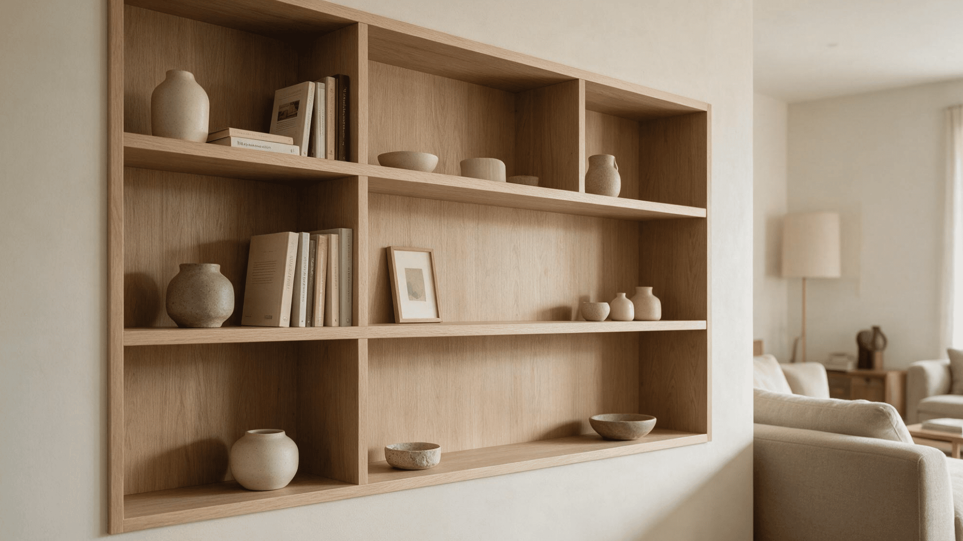 minimalist open shelving with light wood shelves, neutral ceramics, books, and ample empty space